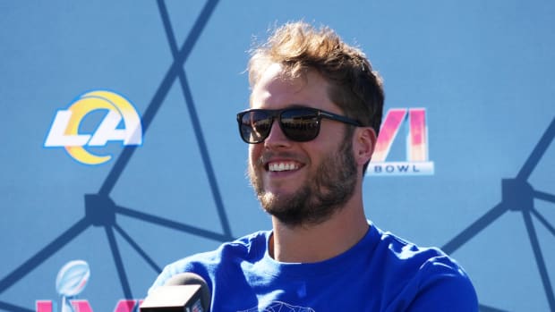 Feb 11, 2022; Thousand Oaks, CA, USA; Los Angeles Rams quarterback Matthew Stafford during press conference at Cal Lutheran University. Mandatory Credit: Kirby Lee-USA TODAY